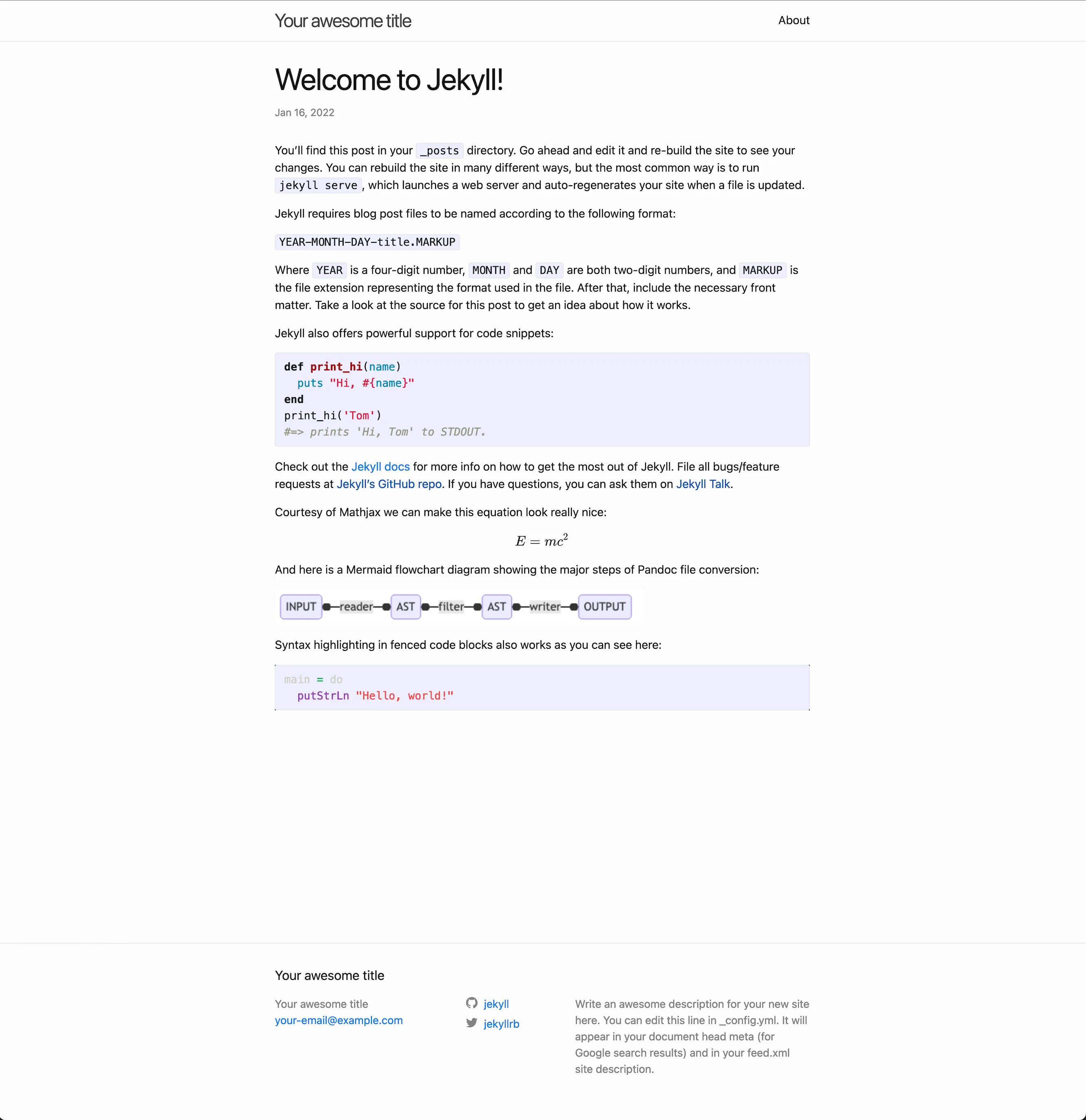 Jekyll blog post with Mermaid, MathJax, and syntax highlighting