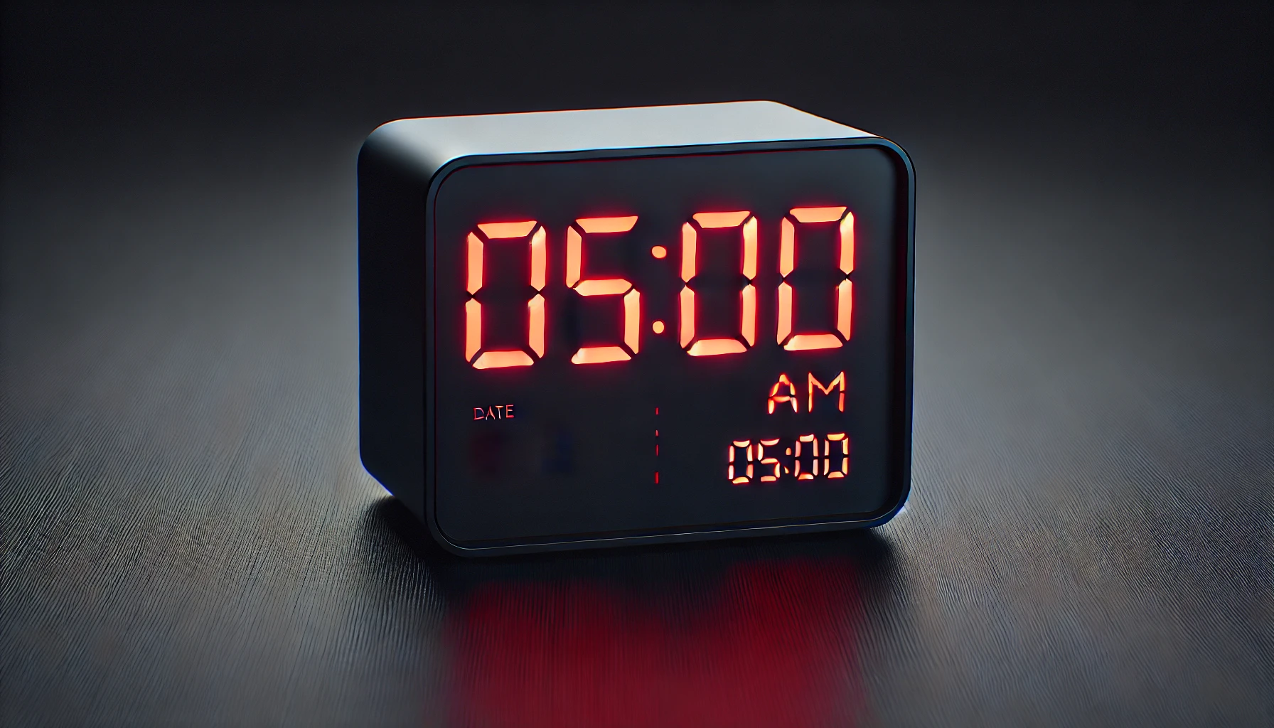 AI-generated realistic drawing of an alarm clock showing 05:00AM.