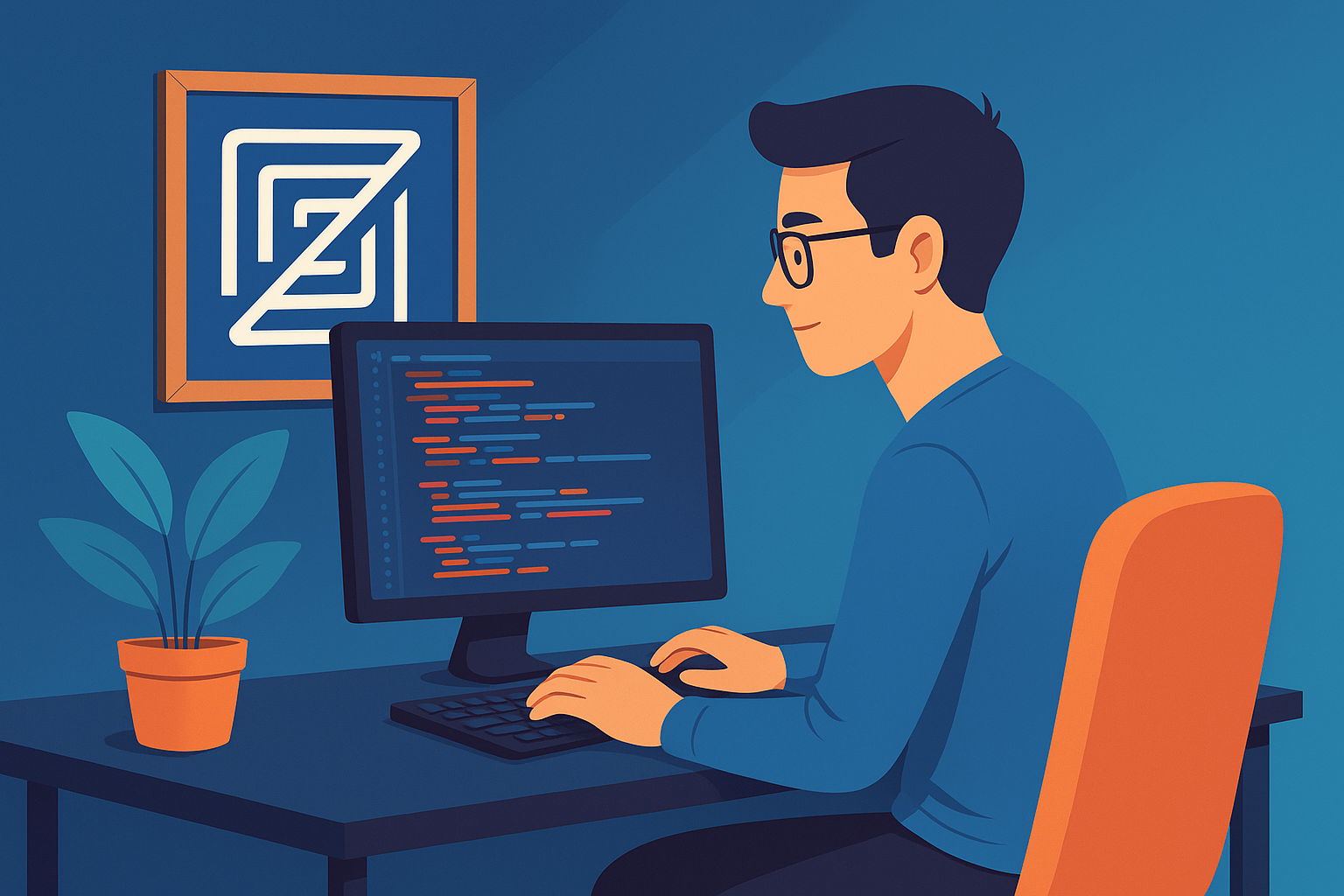 AI-generated image in cartoon style of a programmer sitting in front of a desktop computer with a framed picture of the Zed editor logo on the opposite wall.