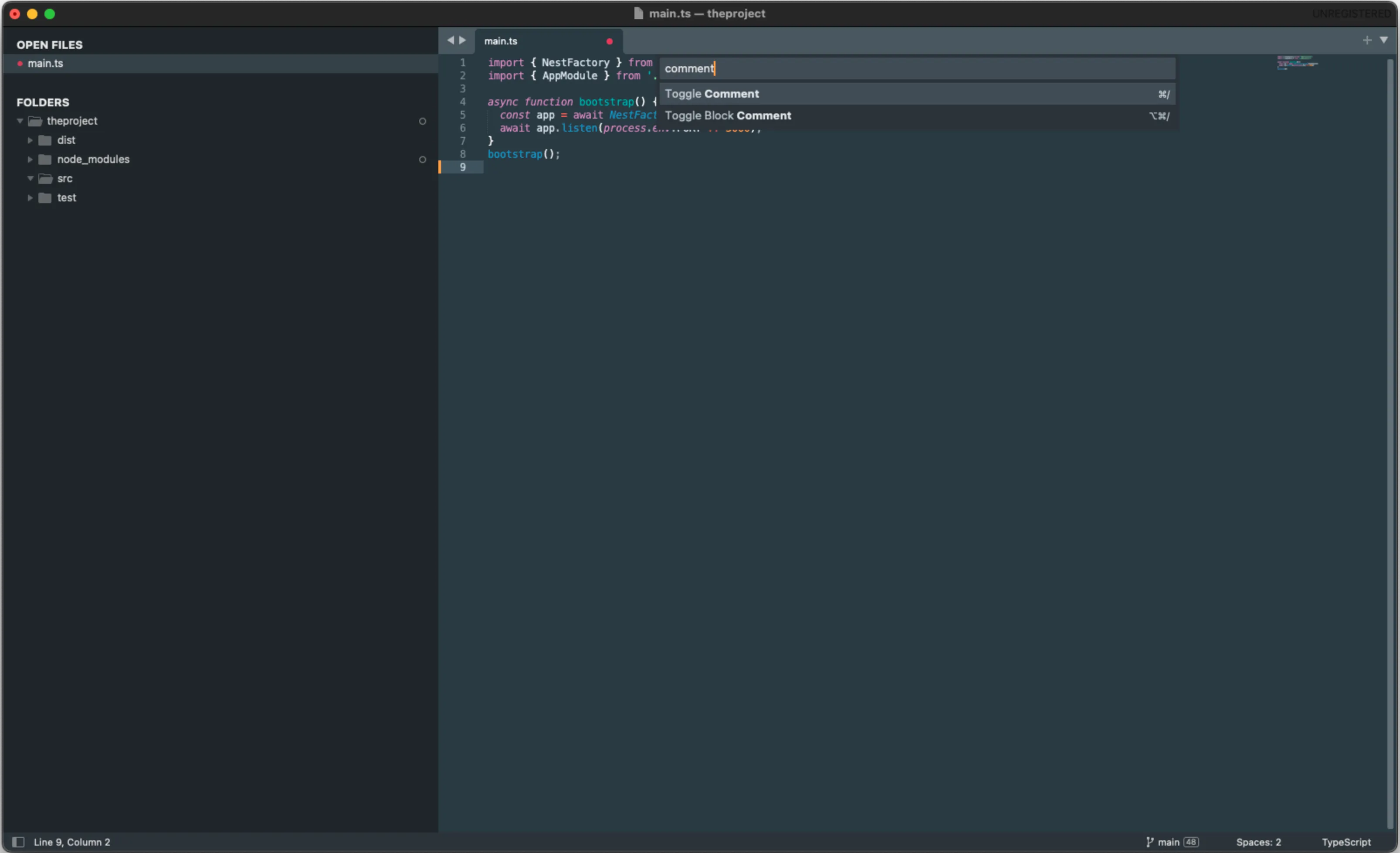 Sublime Text window for a simple NestJS project showing main editor pane, project browser, status bar, and command palette. Sublime Text window for a simple NestJS project showing main editor pane, project browser, status bar, and command palette.