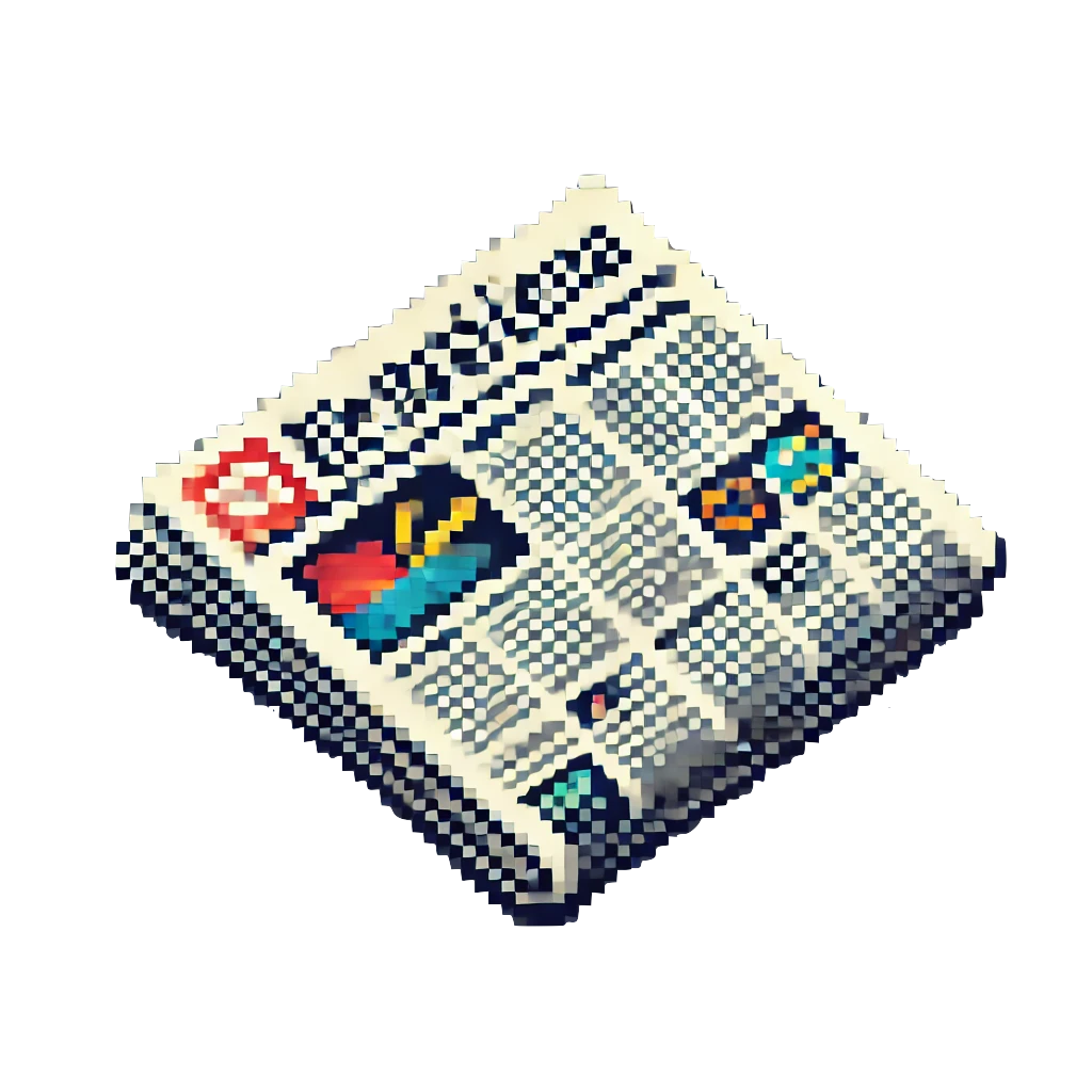 A pixel art image of a newspaper on black background in isometric view.