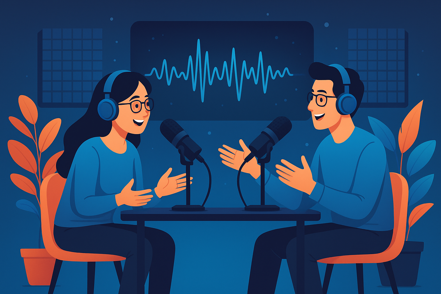 AI-generated drawing of a woman and a man engaged in conversion on a podcast.